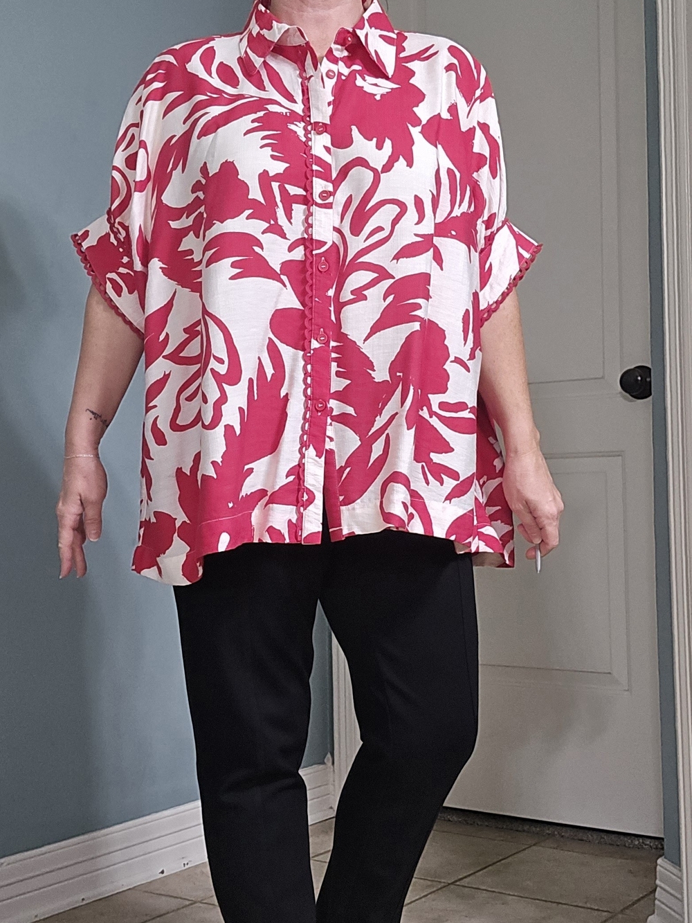 Umgee Button-Front Top with Red Floral Print